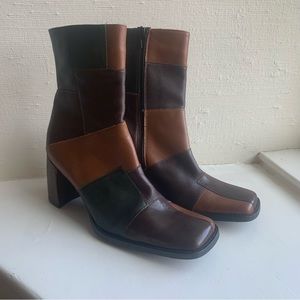 Patchwork Leather Moto Square Toe Boots GoGo Hippie Multi Color Y2K Sexy Western